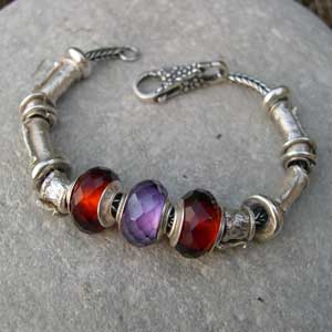 beaded bracelet with  silver glass and cubic zirconia beads