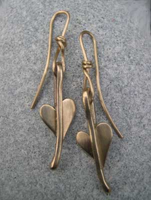 handmade gold heart leaf earrings
